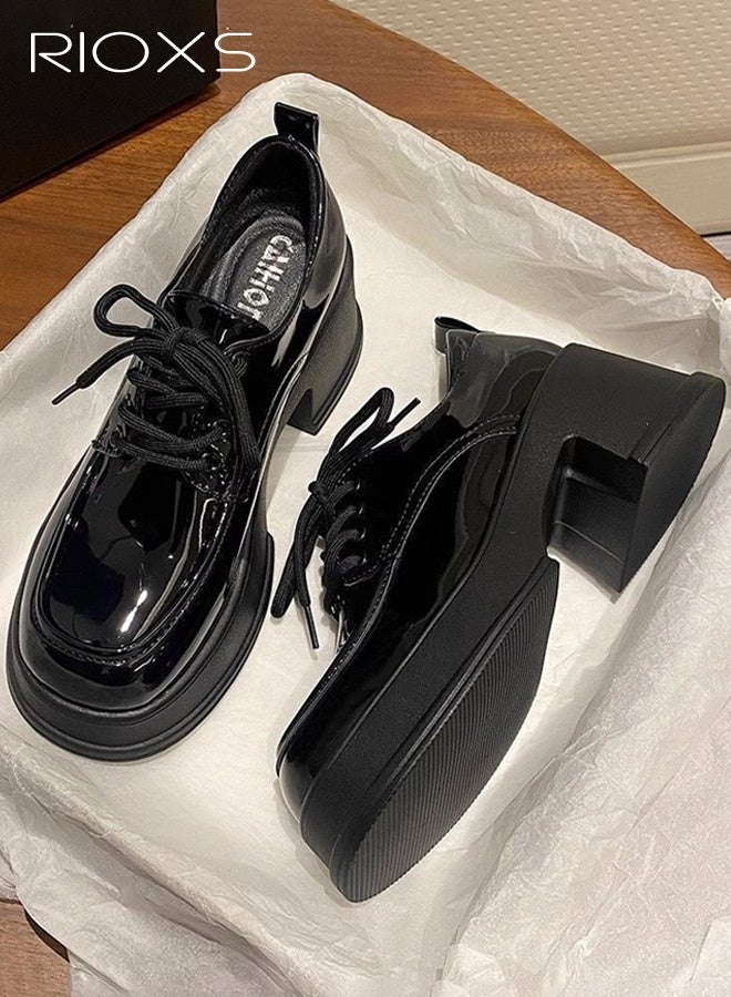 ريوكس حذاء نسائي سميك بكعب عالٍ من الجلد اللامع، حذاء أوكسفورد عصري بكعب عالٍ ورباط، حذاء مريح وناعم للارتداء اليومي، حذاء بكعب عالٍ ومقدمة مستديرة مانعة للانزلاق، مناسب للعمل والمناسبات الرسمية والمواعيد الغرامية والتخييم والارتداء اليومي وغير ذلك، لون أسود - Image 2